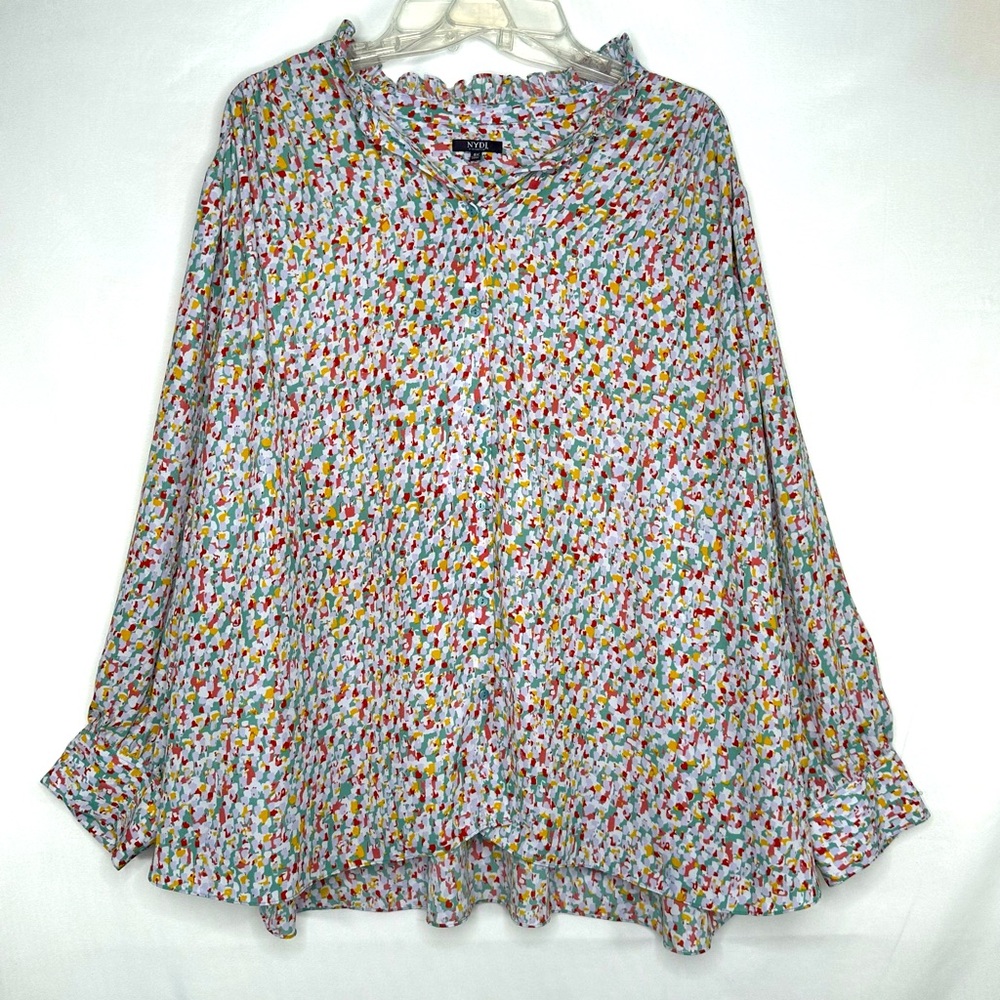 NYDJ Ruffle Neck Button Down Blouse Long‎ Sleeve Multi Color Sz 5X